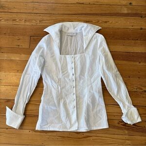 Rayure Paris White Cotton Pleated Square Neck Button-down Blouse Shirt M FR 36